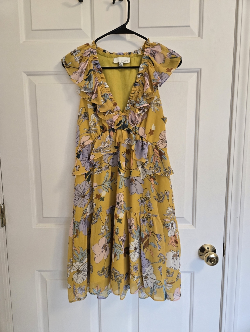 Pinch Womens Spring Yellow And Floral Ruffle A-Line Dress Size Medium